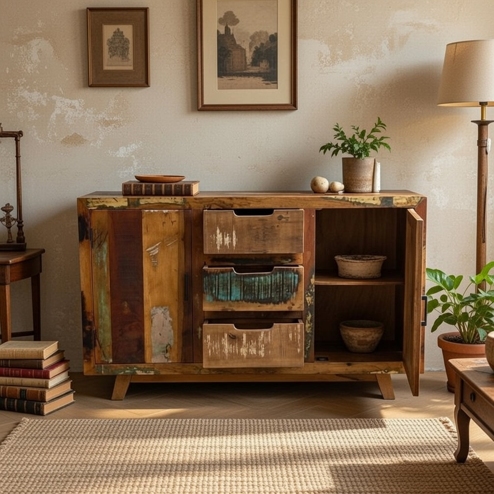 Sideboard Cabinet Recycled Solid Wood 150 × 90 × 40 cm Natural Finish Scandi Design