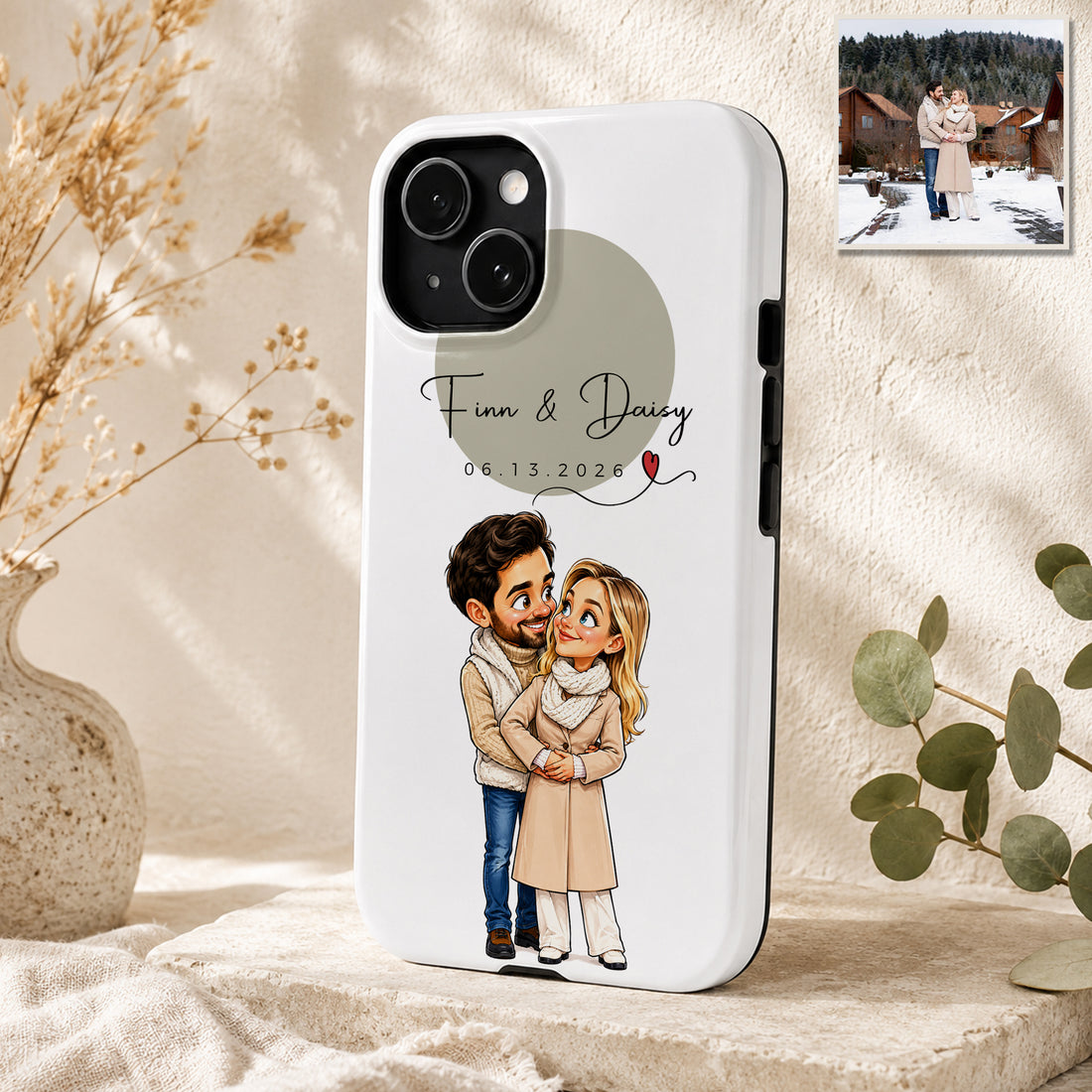 Tough Phone Case for iPhone & Samsung, Personalized Couple Caricature Photo Case with Custom Text