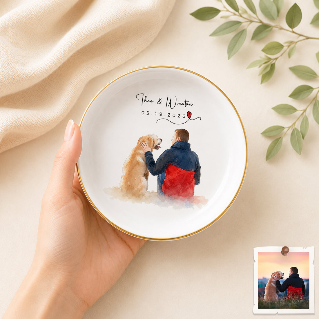 Personalized Dog and Owner Watercolor Trinket Dish with Custom Text, Dog Lover Jewelry Keepsake Gift