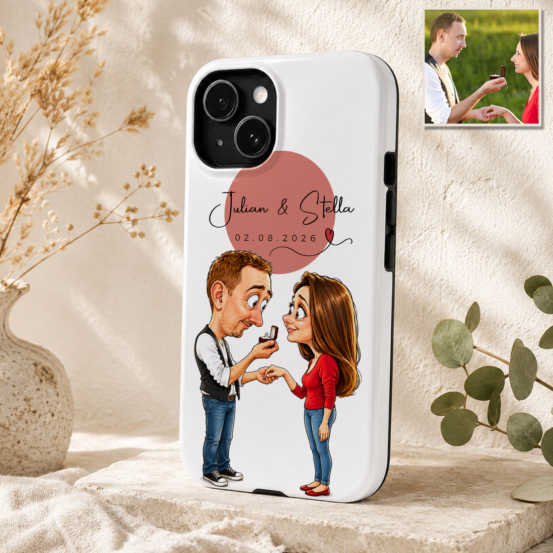 Tough Phone Case for iPhone & Samsung, Personalized Engagement and Wedding Caricature Photo Case with Custom Text