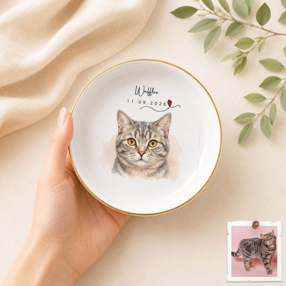Personalized Cat and Owner Watercolor Trinket Dish with Custom Text, Cat Lover Jewelry Keepsake Gift