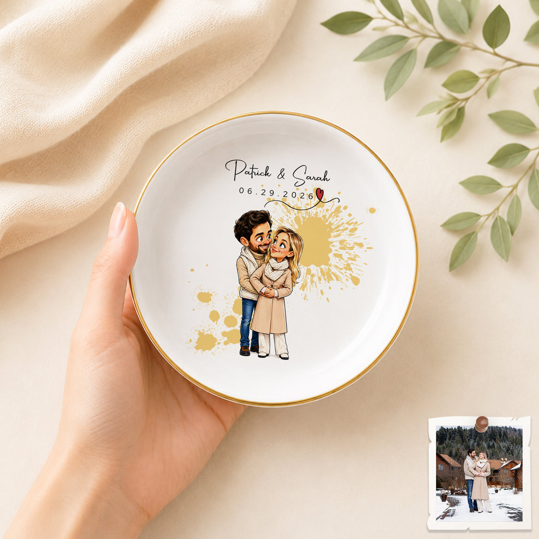 Personalized Couple Caricature Trinket Dish with Custom Text, Funny Romantic Jewelry Holder Keepsake Gift