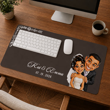 Personalized Engagement Wedding Photo Caricature Desk Mat with Custom Text, Custom Funny Couple Desk Pad Gift