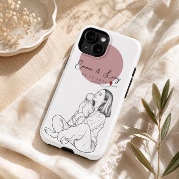 Tough Phone Case for iPhone & Samsung, Personalized First-Time Mom and Baby Detailed Line Art Case with Custom Text