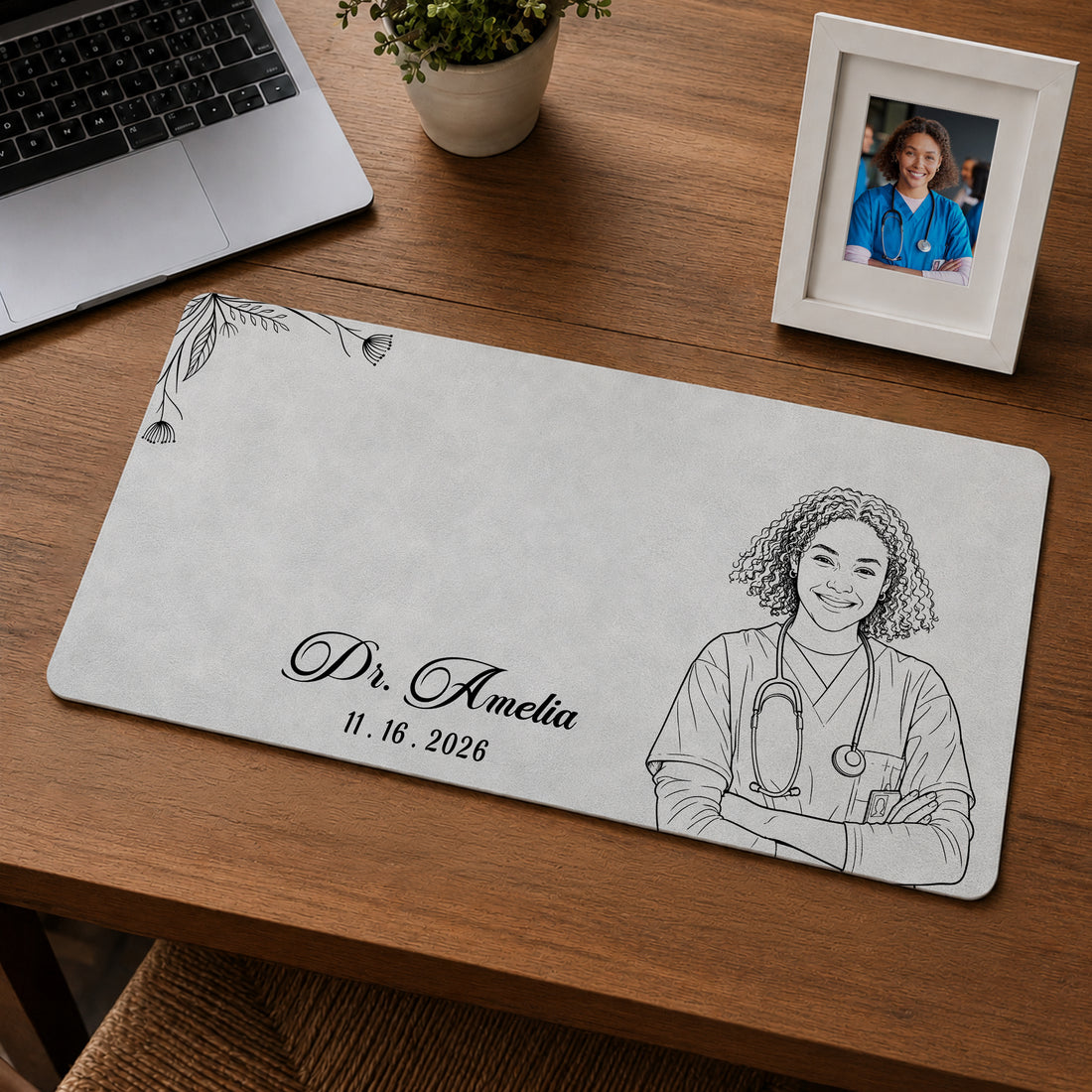 Personalized Nurse Vet Photo Detailed Line Art Desk Mat with Custom Text, Custom Healthcare Desk Pad Gift