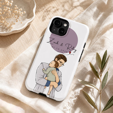 Tough Phone Case for iPhone & Samsung, Personalized Baby With Dad Watercolor Doodle Photo Case with Custom Text