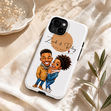 Tough Phone Case for iPhone & Samsung, Personalized Engagement and Wedding Caricature Photo Case with Custom Text
