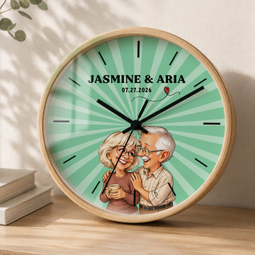 Personalized Couple Caricature Wall Clock with Custom Text, Funny Custom Couple Portrait Home Decor Gift