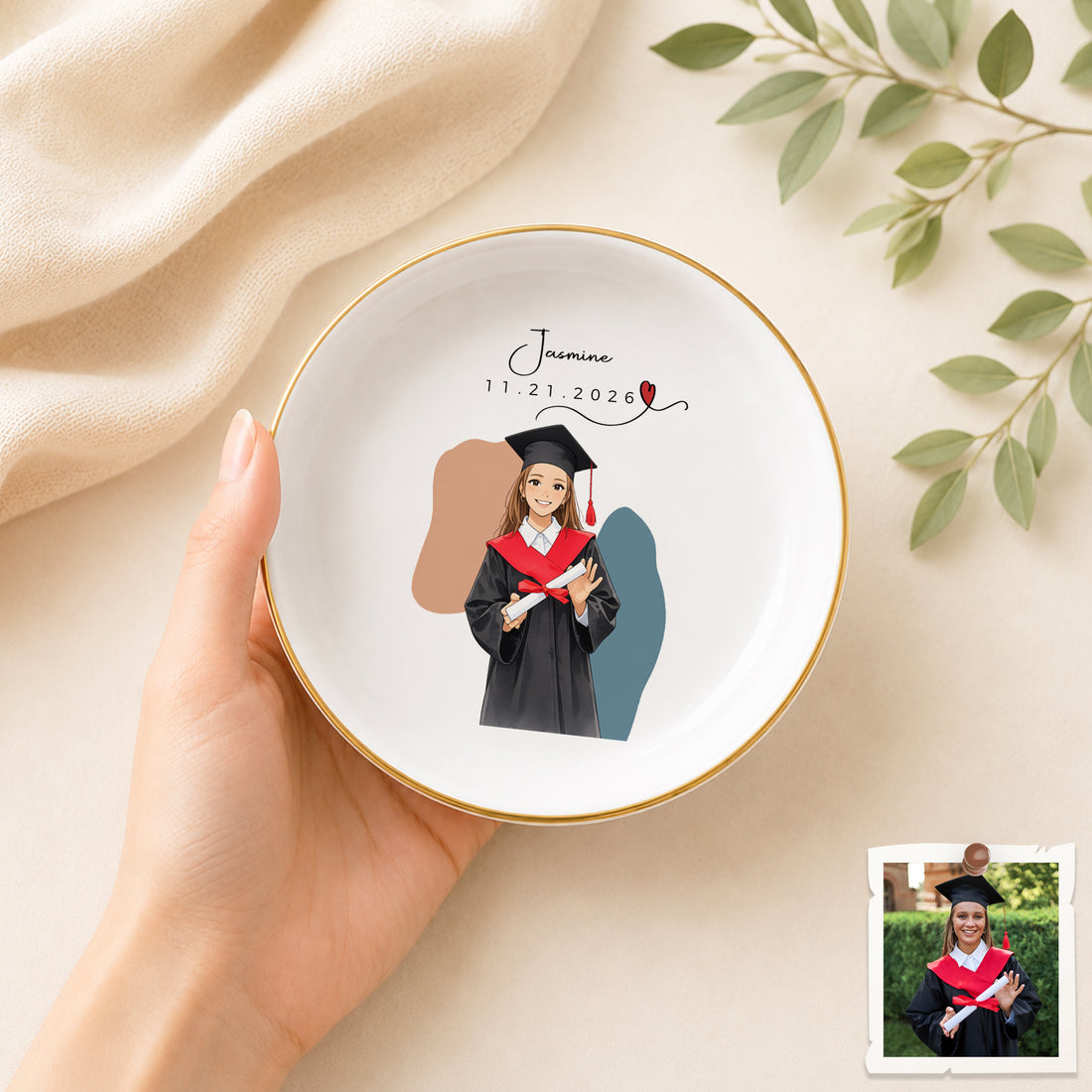 Personalized Graduation Anime Illustration Trinket Dish with Custom Text, Custom Graduate Jewelry Keepsake Gift