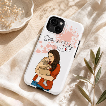 Tough Phone Case for iPhone & Samsung, Personalized Baby With Mom Watercolor Doodle Photo Case with Custom Text