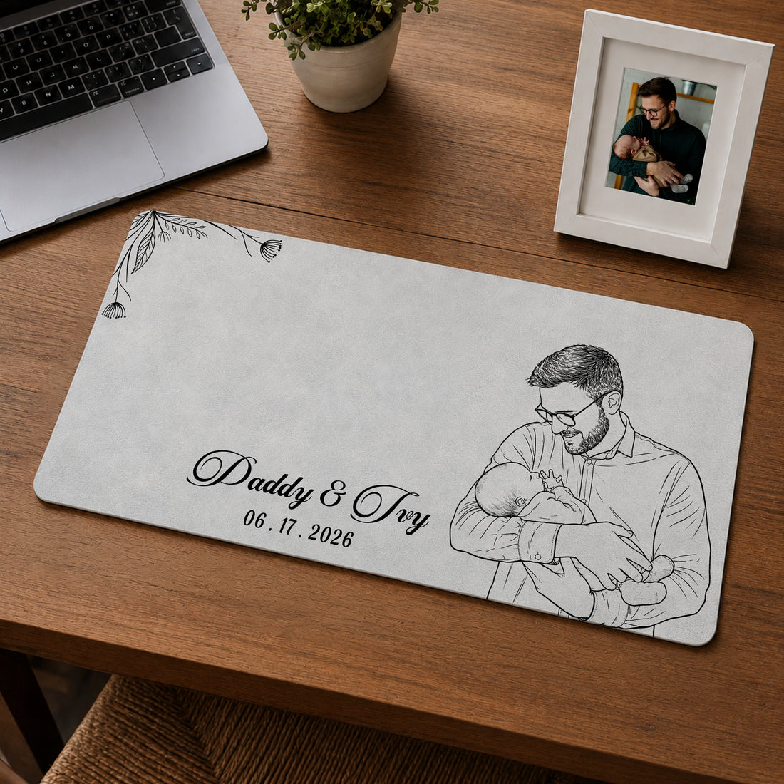 Personalized Baby With Dad Detailed Line Art Desk Mat with Custom Text, Custom First Time Father Desk Pad Gift