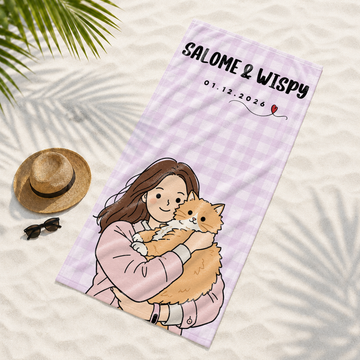 Personalized Pet and Owner Funny Doodle Beach Towel with Custom Text, Cute Summer Gift for Pet Lovers