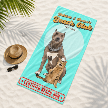 Personalized Pet Portrait Pop Art Beach Towel with Custom Text, Bold Dog or Cat Photo Gift