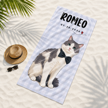 Custom Pet Portrait Pop Art Beach Towel with Personalized Text, Bright Dog or Cat Summer Keepsake Gift