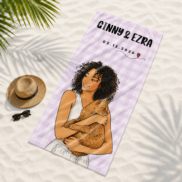Personalized Pet and Owner Sketch Doodle Beach Towel with Custom Text, Cute Summer Gift for Pet Lovers