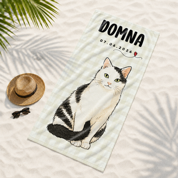 Personalized Pet Watercolor Doodle Beach Towel with Custom Text, Artistic Dog or Cat Summer Gift