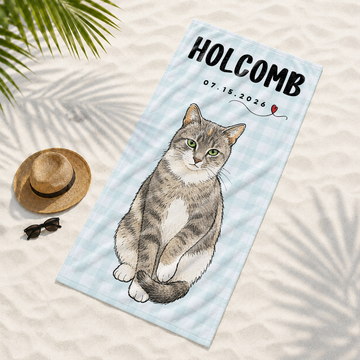 Personalized Pet Sketch Doodle Beach Towel with Custom Text, Cute Dog or Cat Summer Keepsake Gift