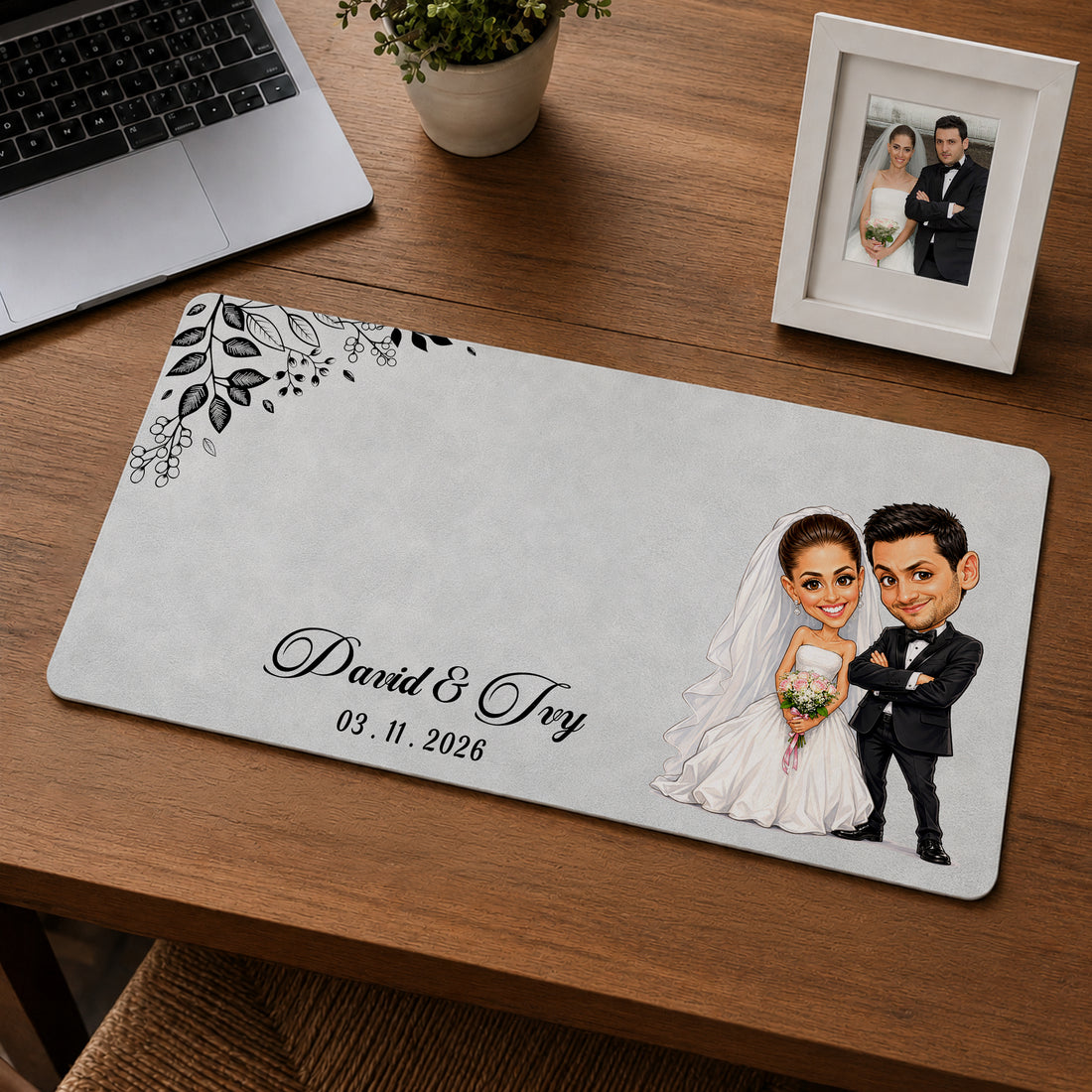 Personalized Engagement Wedding Photo Caricature Desk Mat with Custom Text, Custom Funny Couple Desk Pad Gift