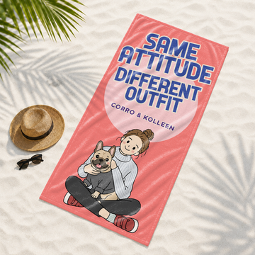 Custom Pet and Owner Funny Doodle Beach Towel with Personalized Text, Whimsical Summer Gift for Pet Parents