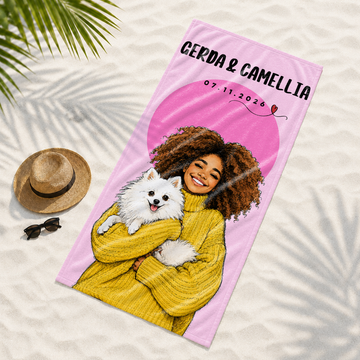 Custom Pet and Owner Sketch Doodle Beach Towel with Personalized Text, Summer Photo Gift for Pet Lovers