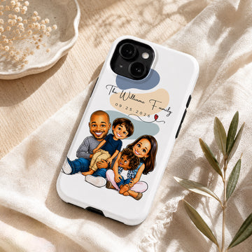 Tough Phone Case for iPhone & Samsung, Personalized Family Caricature Photo Case with Custom Text