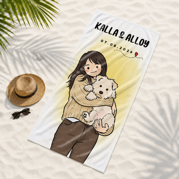 Custom Pet and Owner Funny Doodle Beach Towel with Personalized Text, Cute Summer Keepsake Gift