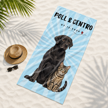 Custom Pet Sketch Doodle Beach Towel with Personalized Text, Cute Pet Portrait Summer Gift
