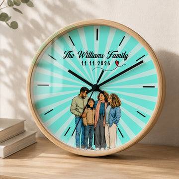 Personalized Family Sketch Doodle Wall Clock with Custom Text, Custom Family Portrait Home Decor Gift