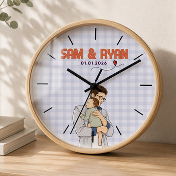 Personalized First Time Dad Watercolor Doodle Wall Clock with Custom Text, Custom Dad and Baby Portrait Home Decor Gift