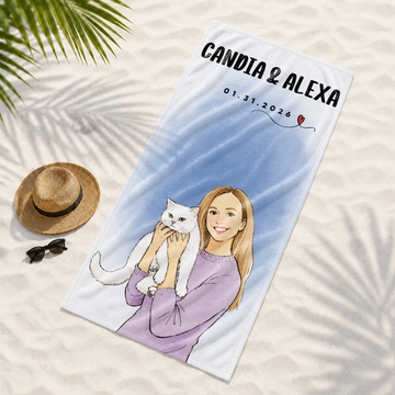 Custom Pet and Owner Watercolor Doodle Beach Towel with Personalized Text, Unique Summer Gift for Pet Parents