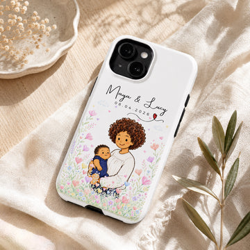 Tough Phone Case for iPhone & Samsung, Personalized Baby With Mom Crayon Doodle Photo Case with Custom Text