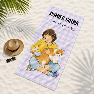 Personalized Pet and Owner Watercolor Doodle Beach Towel with Custom Text, Artistic Summer Gift for Pet Lovers