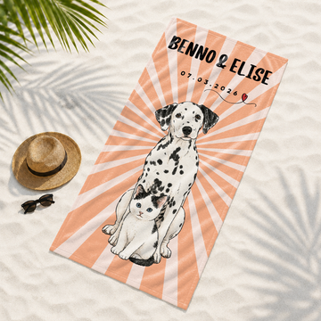 Personalized Pet Watercolor Doodle Beach Towel with Custom Text, Soft Artistic Dog or Cat Summer Gift