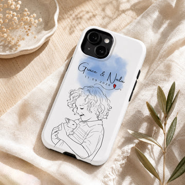 Tough Phone Case for iPhone & Samsung, Personalized Pet and Owner Detailed Line Art Case with Custom Text