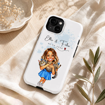 Tough Phone Case for iPhone & Samsung, Personalized Pet and Owner Caricature Photo Case with Custom Text