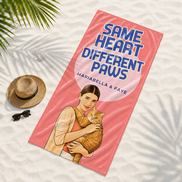 Personalized Pet and Owner Pop Art Beach Towel with Custom Text, Vibrant Photo Keepsake for Pet Lovers