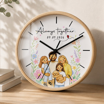 Personalized Family Crayon Doodle Wall Clock with Custom Text, Custom Family Portrait Home Decor Gift