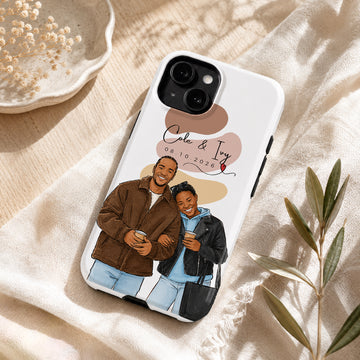 Tough Phone Case for iPhone & Samsung, Personalized Couple Watercolor Doodle Photo Case with Custom Text