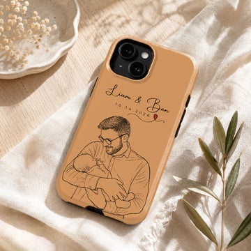 Tough Phone Case for iPhone & Samsung, Personalized First-Time Dad and Baby Detailed Line Art Case with Custom Text