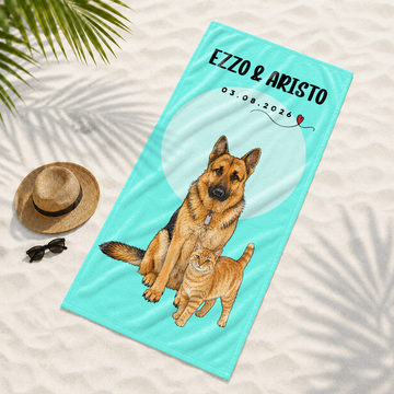 Personalized Pet Sketch Doodle Beach Towel with Custom Text, Fun Dog or Cat Summer Gift