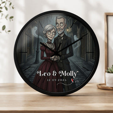 Personalized Gothic Couple Wall Clock with Custom Text, Custom Couple Portrait Home Decor Gift