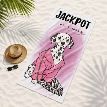Custom Pet Portrait Funny Doodle Beach Towel with Personalized Text, Playful Dog or Cat Summer Gift