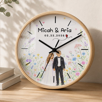 Personalized Wedding Crayon Doodle Wall Clock with Custom Text, Custom Wedding Portrait Home Decor Gift