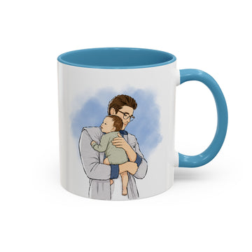 Personalized Baby With Dad Watercolor Doodle Accent Mug with Custom Text Coffee Cup, 11 oz, 15 oz