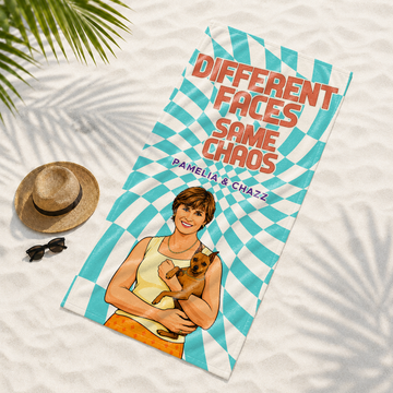 Custom Pet and Owner Pop Art Beach Towel with Personalized Text, Colorful Summer Keepsake for Pet Lovers