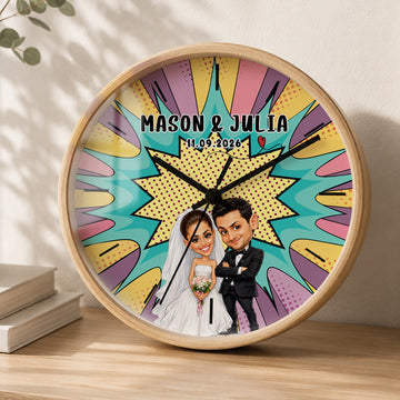 Personalized Wedding Caricature Wall Clock with Custom Text, Funny Custom Couple Portrait Home Decor Gift