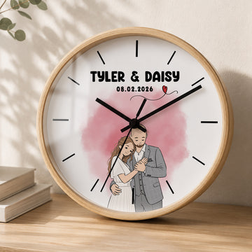 Personalized Wedding & Engagement Funny Doodle Wall Clock with Custom Text, Custom Couple Portrait Gift