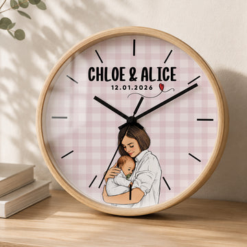 Personalized First Time Mom Sketch Doodle Wall Clock with Custom Text, Custom Mom and Baby Portrait Home Decor Gift