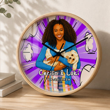 Personalized Pet & Pet Owner Pop Art Wall Clock with Custom Text, Custom Pet Portrait Home Decor Gift