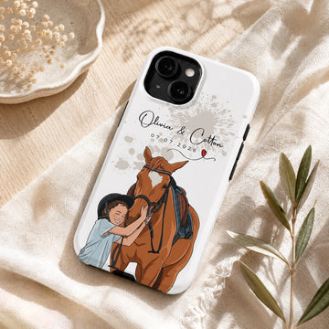 Tough Phone Case for iPhone & Samsung, Custom Pet Owner Portrait Illustration Case with Personalized Text